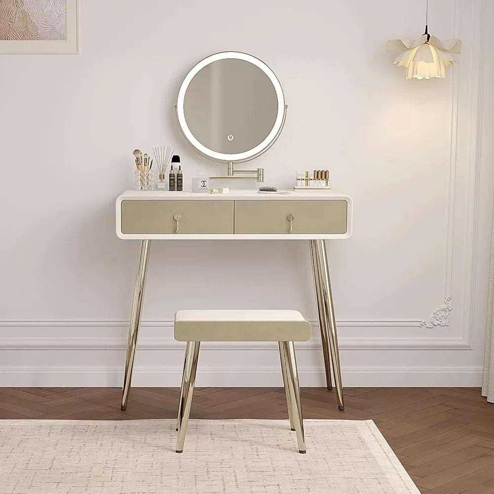 Vanity Desk Set with 360° Rotating Mirror and Lights, with Microfiber Leather, with 2 Drawers,