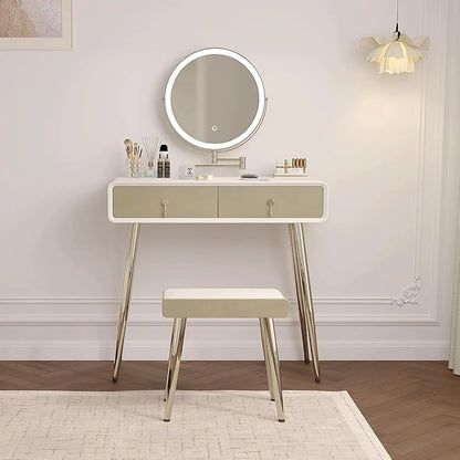 Vanity Desk Set with 360° Rotating Mirror and Lights, with Microfiber Leather, with 2 Drawers,
