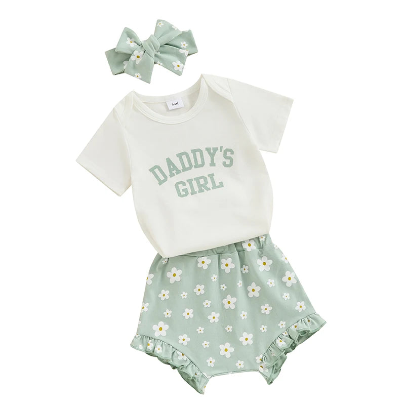 3Pcs  0-18 mo Baby Girl Outfit,  Daddy’s Girl, Short Sleeve Romper, Flower Ruffle Shorts, Headband