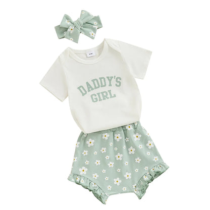3Pcs  0-18 mo Baby Girl Outfit,  Daddy’s Girl, Short Sleeve Romper, Flower Ruffle Shorts, Headband
