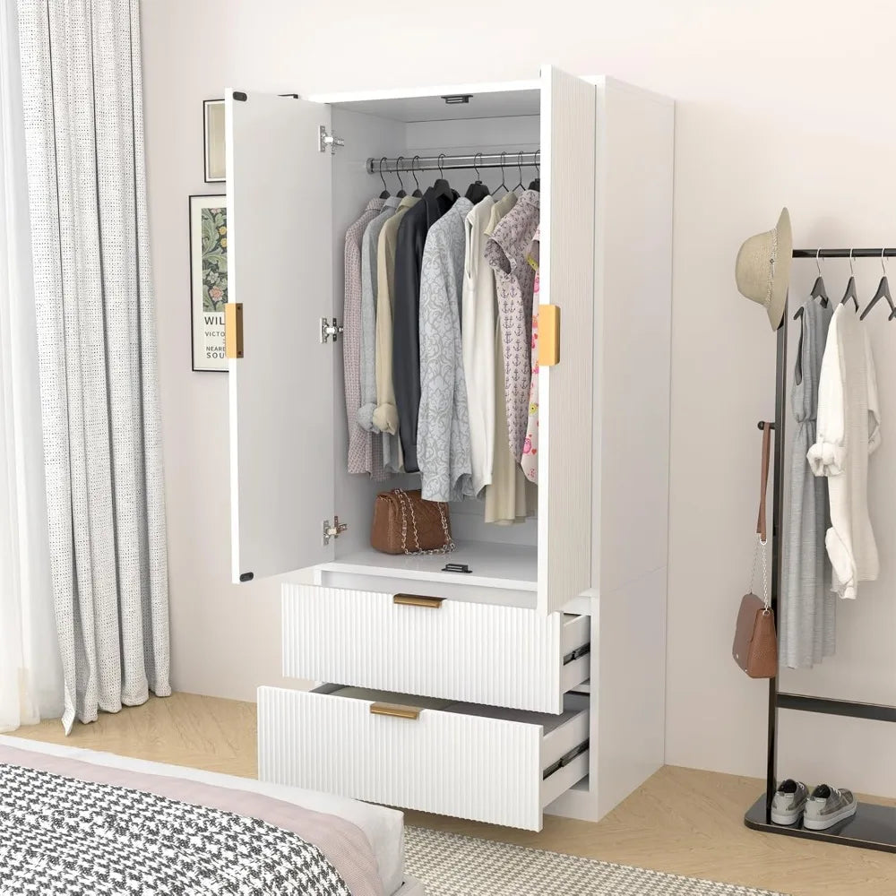 70" Wardrobe Closet with 2 Doors and 2 Drawers, with Hanging Rod