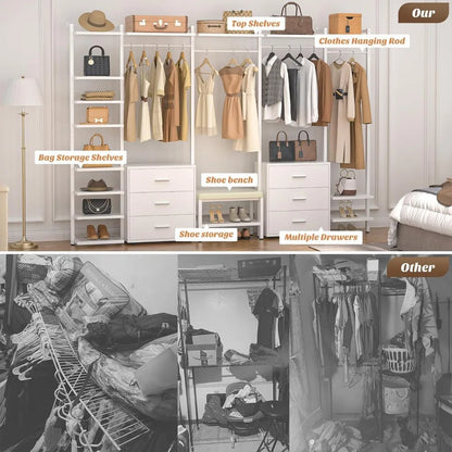 Clothing Rack Heavy Duty Closet System Organizer, 8FT Large Wall Mounted Garment Rack with 6-Drawers