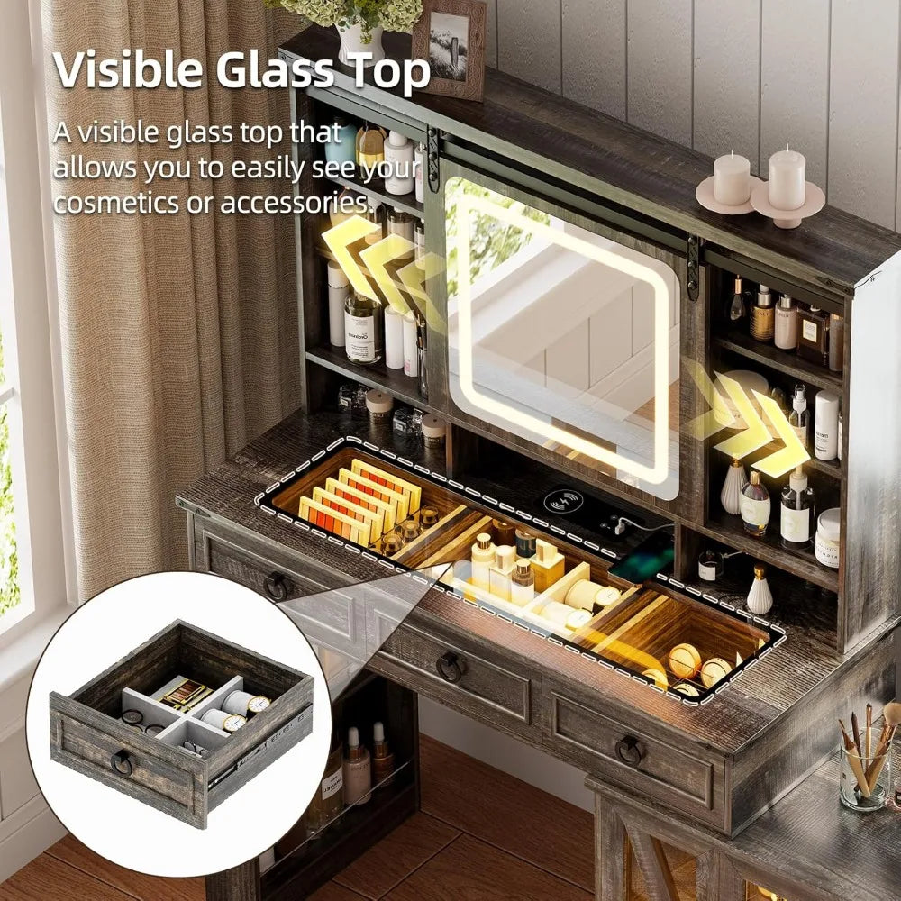 Vanity Desk with Sliding Mirror and Lights with Jewelry Storage