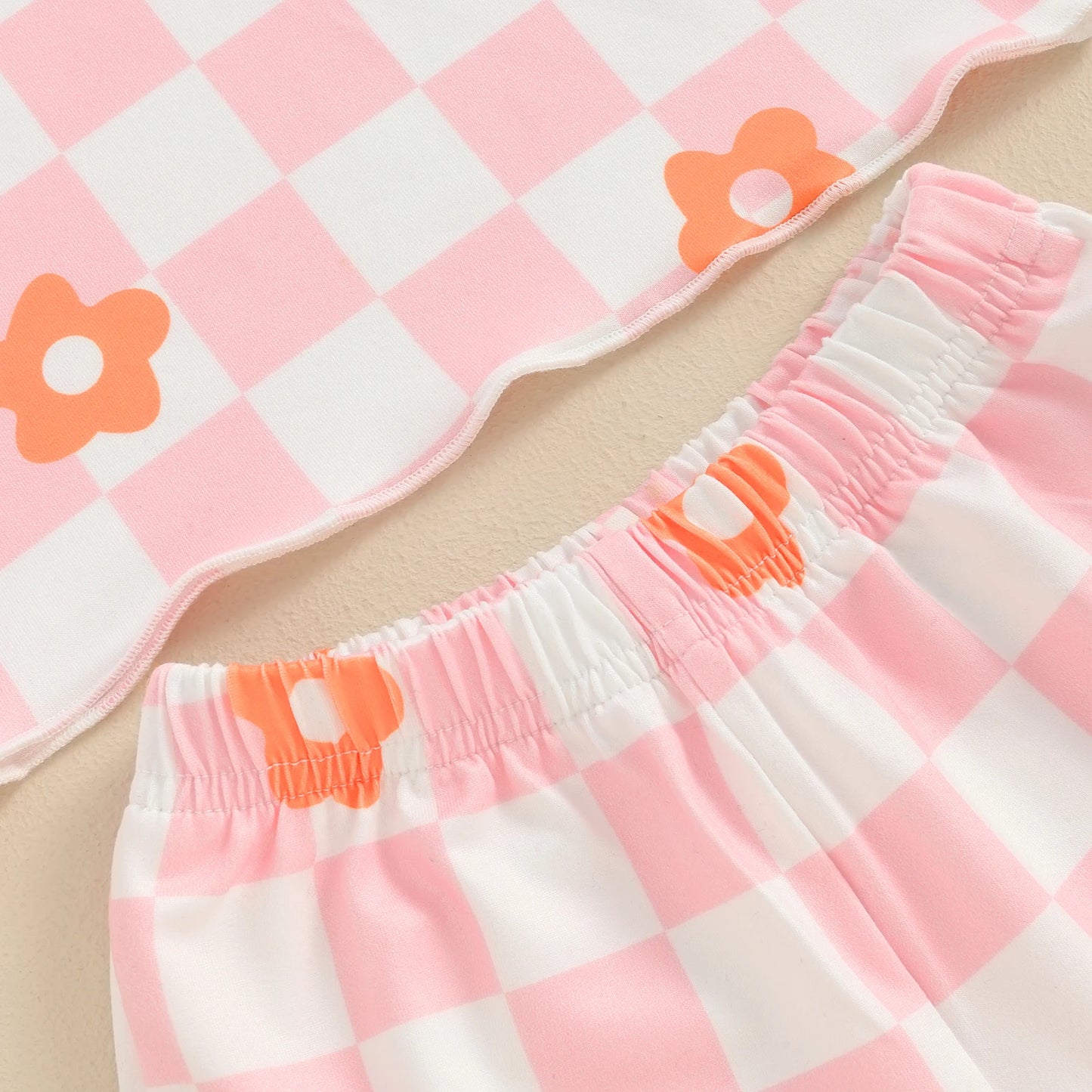 12 MO-4T Floral Checkerboard Print Short Sleeve O-neck T-shirts+Elastic Waist Shorts Tracksuit