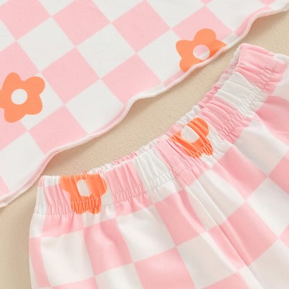 12 MO-4T Floral Checkerboard Print Short Sleeve O-neck T-shirts+Elastic Waist Shorts Tracksuit