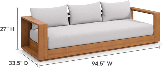 Acacia Wood Outdoor Patio Sofa in Natural Light Gray Weather-Resistant Cushions