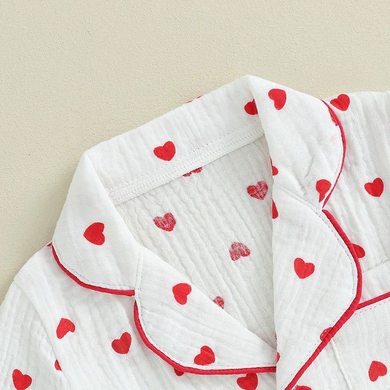 6MO-4T Girl Valentine‘s Day Heart Button Down Short Sleeve Sleepwear Loungewear Pjs Set