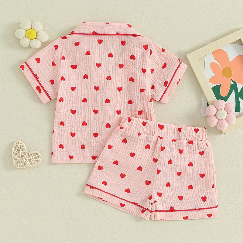 6MO-4T Girl Valentine‘s Day Heart Button Down Short Sleeve Sleepwear Loungewear Pjs Set