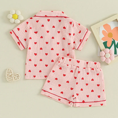 6MO-4T Girl Valentine‘s Day Heart Button Down Short Sleeve Sleepwear Loungewear Pjs Set