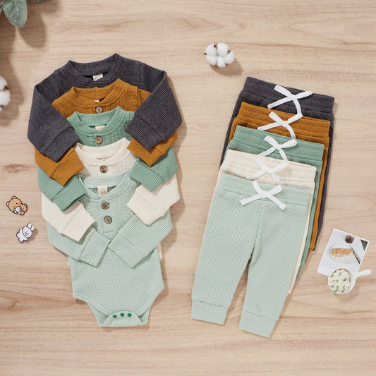 0-24Months Spring Solid Toddler/Baby Waffle Plaid Outfits Long Sleeve Romper + Casual Pants Set