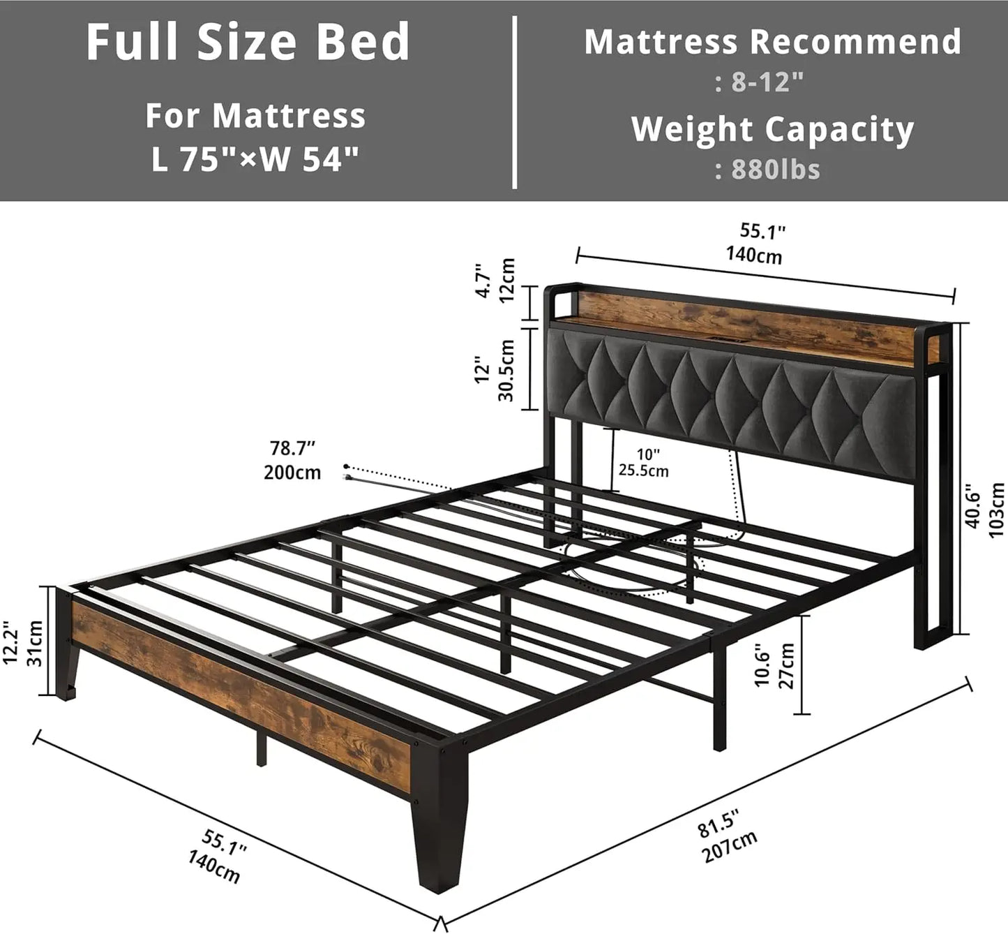 Twin/TwinXL/Full/Queen/King/CaliforniaKing Bed Frames, Storage Headboard with Outlets, No Noise, No Box Springs Needed