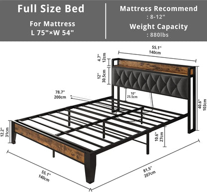 Twin/TwinXL/Full/Queen/King/CaliforniaKing Bed Frames, Storage Headboard with Outlets, No Noise, No Box Springs Needed