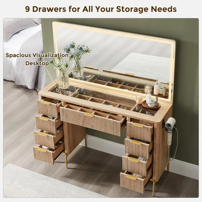 48" Vanity/Desk with 48" Large Mirror and HD Lights with 9 Drawers & Charging Station