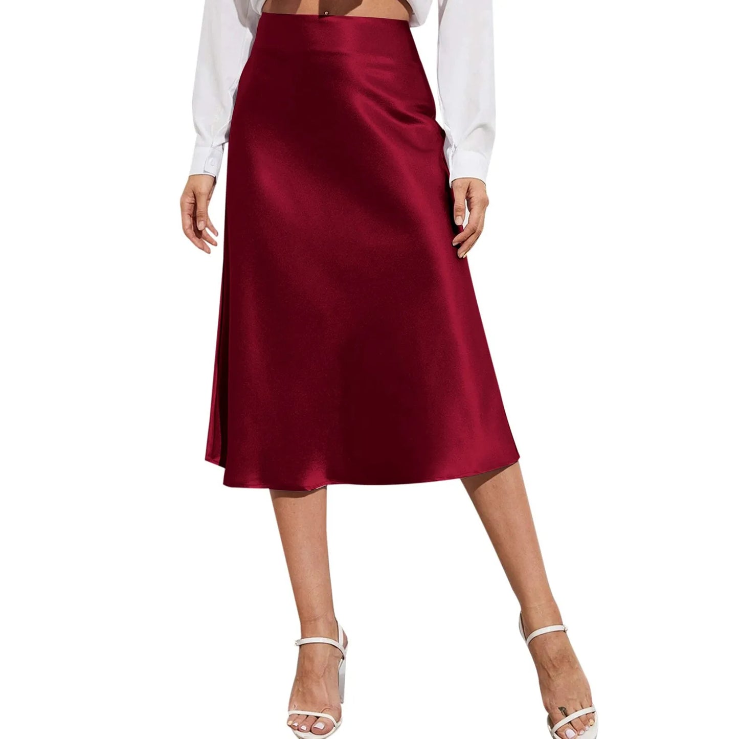 Womens Elegant Satin Skirt, High Waist, Midi Length, Satin Silk, Solid Color Office Work Skirts