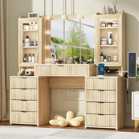 55" Vanity with Large Mirror and Lights, Modern Glass Top with 9 Drawers & Open Storage
