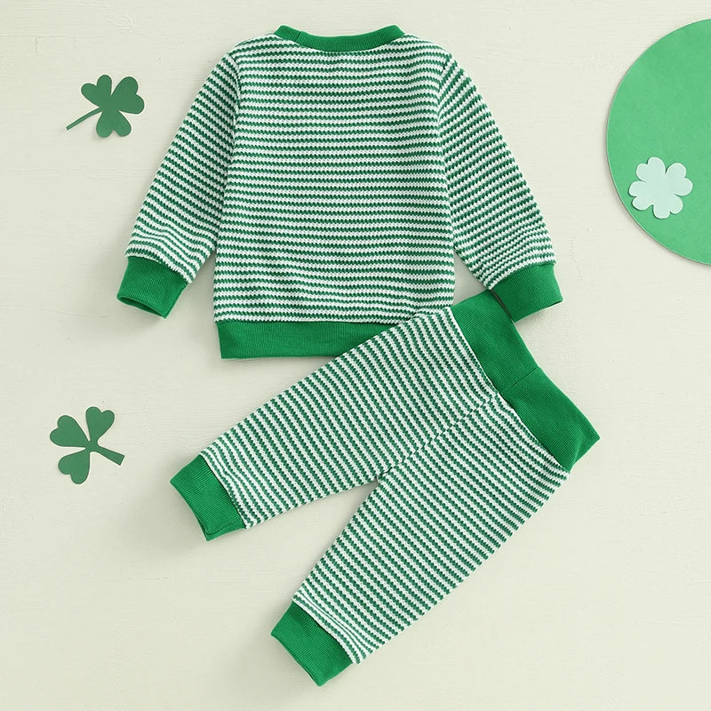 Lioraitiin Toddler Baby Boy St. Patrick's Day Outfit Long Sleeve Shamrock Embroidery Sweatshirt+Stripes Pants Set Spring Clothes