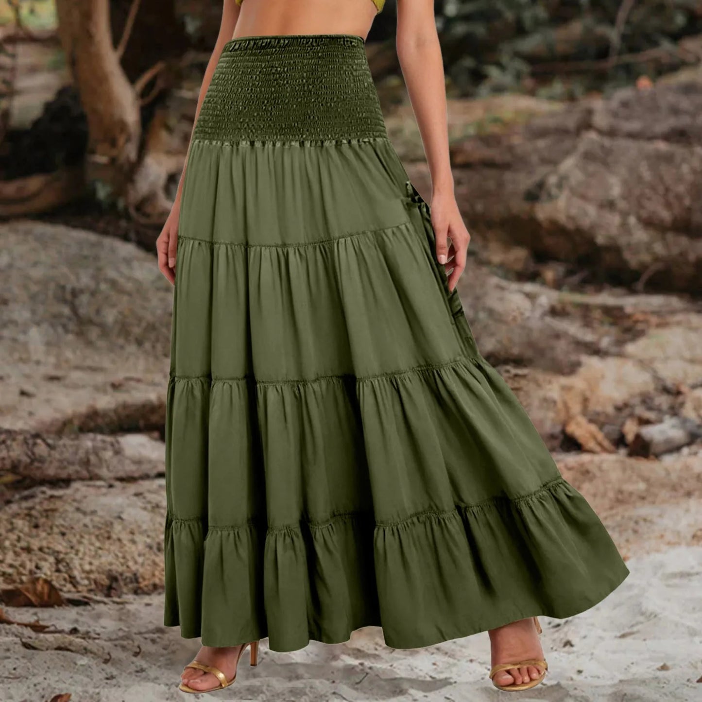 Boho Tiered A-Line Skirt, Pockets, Patchwork, Elastic Waist, Vintage Hippie/Gypsy Maxi Skirt