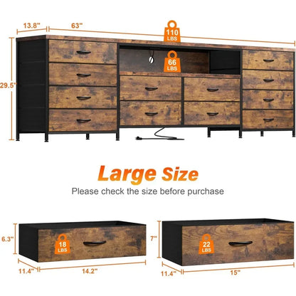 63" W Dresser/TV Stand LED Lights & Power Outlets & 12 Drawers Dresser