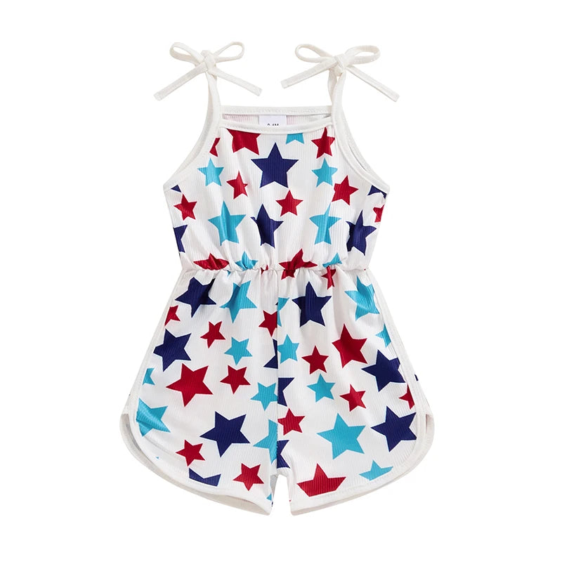 18MO-5T Girls Jumpsuit Tie-up Spaghetti Straps Stars Print Romper 4th of July