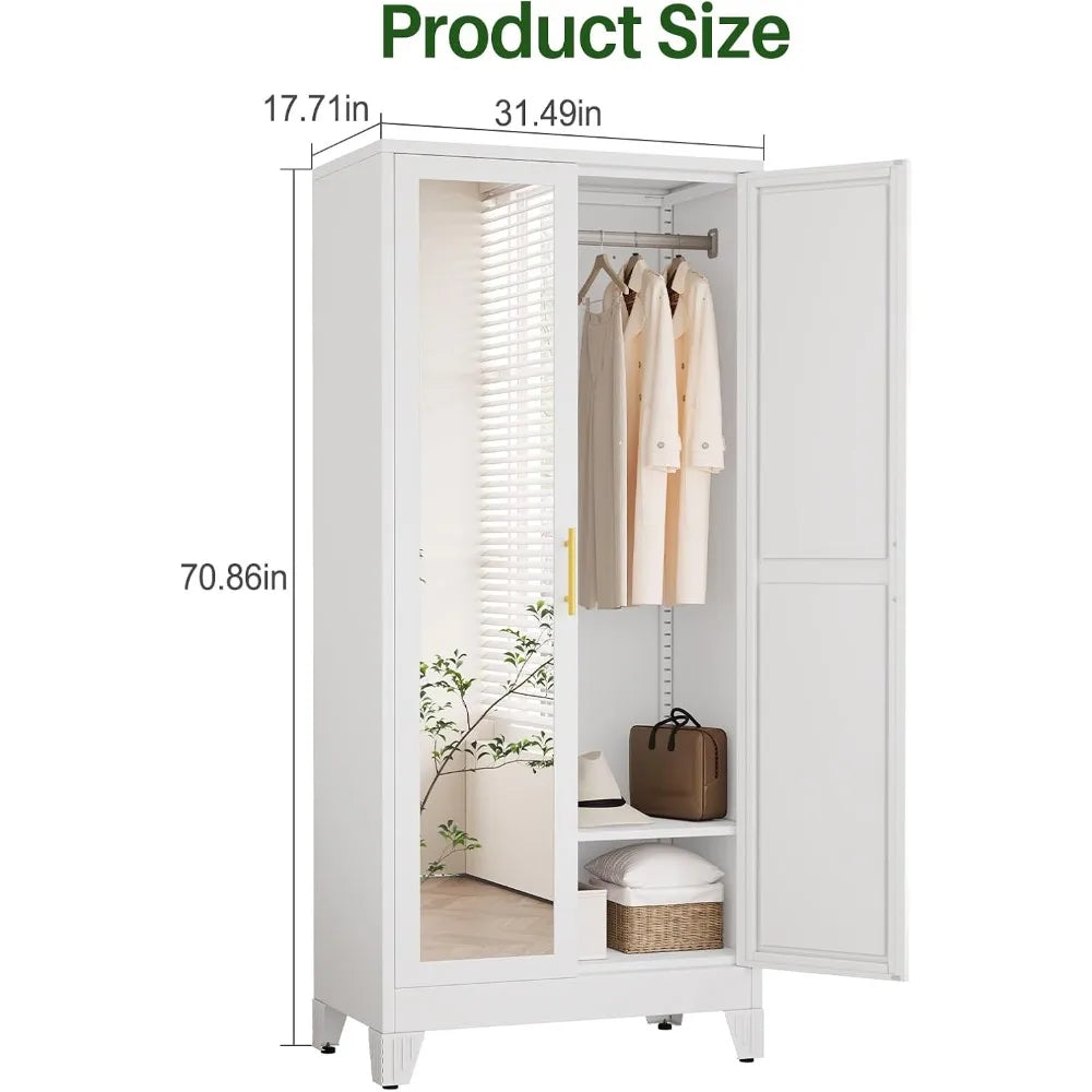 71"Metal Armoire Wardrobe w/2 Mirror Door, with Adjustable Shelves and Hanging Rod