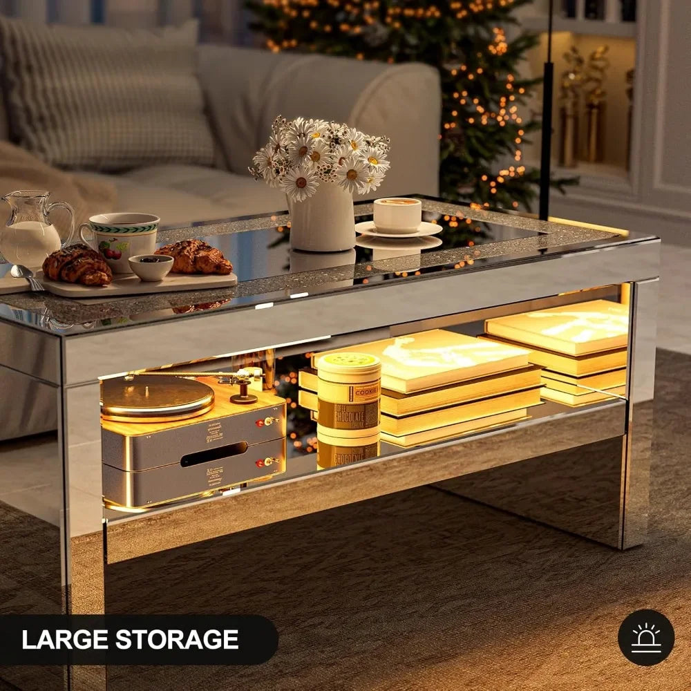 2 Tier Mirrored Coffee Table with Mirror Crystal Board