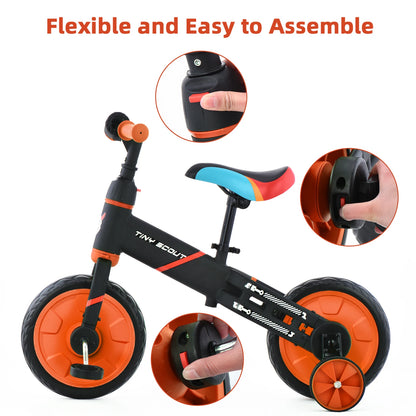 Tiny Scout Balance Bike 3 4 5 Years , 4-in-1 with Optional Support Wheels and Pedals, Saddle Height Adjustable