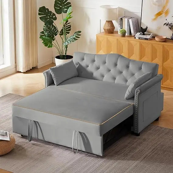 65'' 3-in-1 Queen Size Pullout Sofa, Modern Chenille Fabric, 360° Swivel Side Table