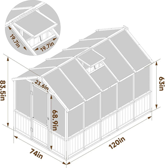 6x10 FT, 6MM Thick Polycarbonate Panel, Wooden Walk-in Greenhouse Kit with Lockable Door