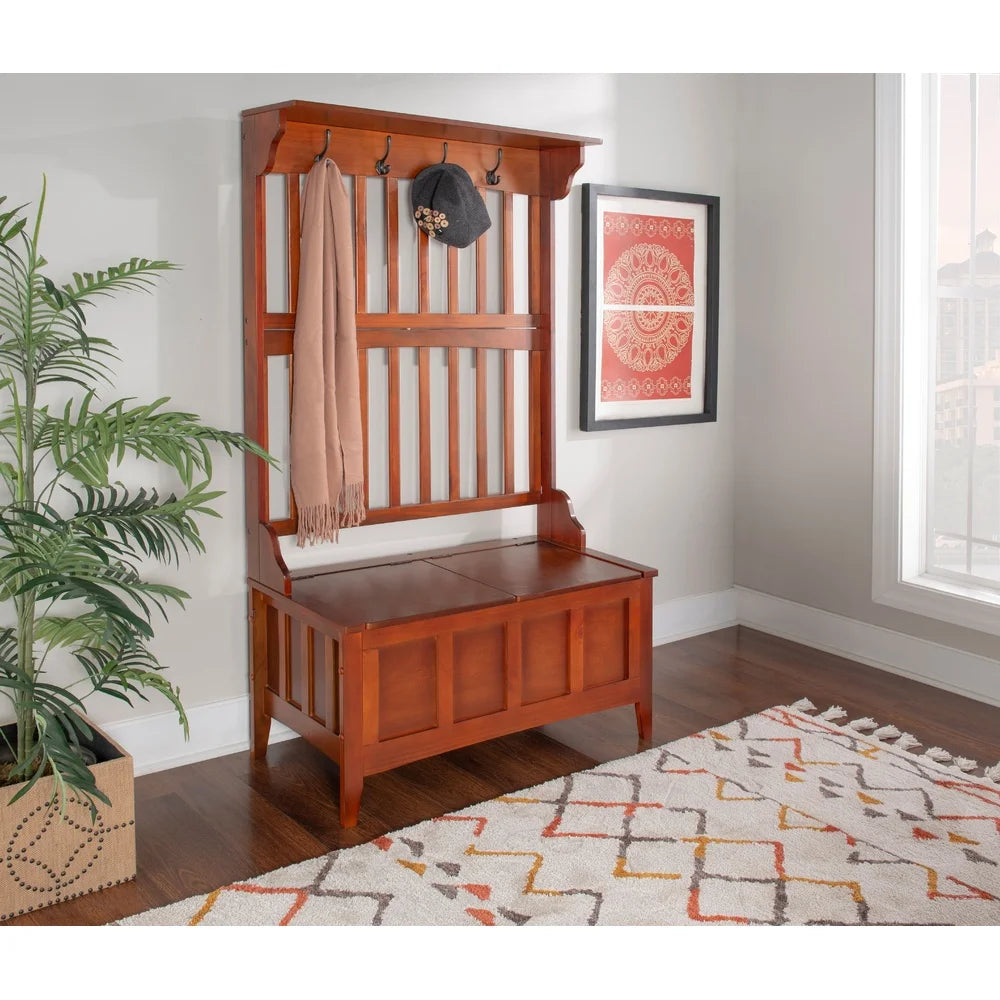 Hall Tree Storage Bench with Split Seat and Four Hooks Entryway Mudroom Organization in Walnut Brown Finish