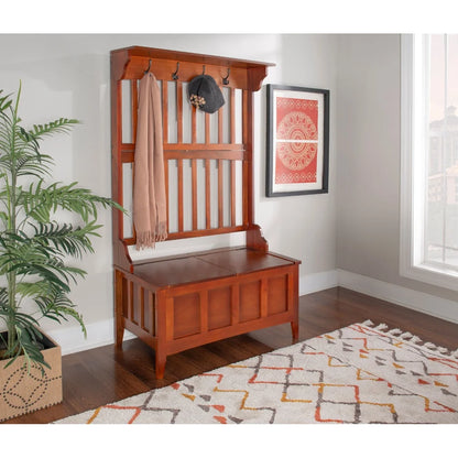 Hall Tree Storage Bench with Split Seat and Four Hooks Entryway Mudroom Organization in Walnut Brown Finish