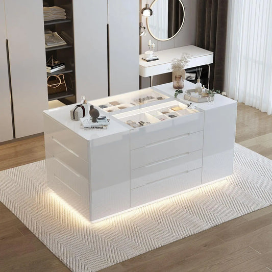 Island Wardrobe with Jewelry Organizer Closet with 16 Drawers & Glass Tabletop