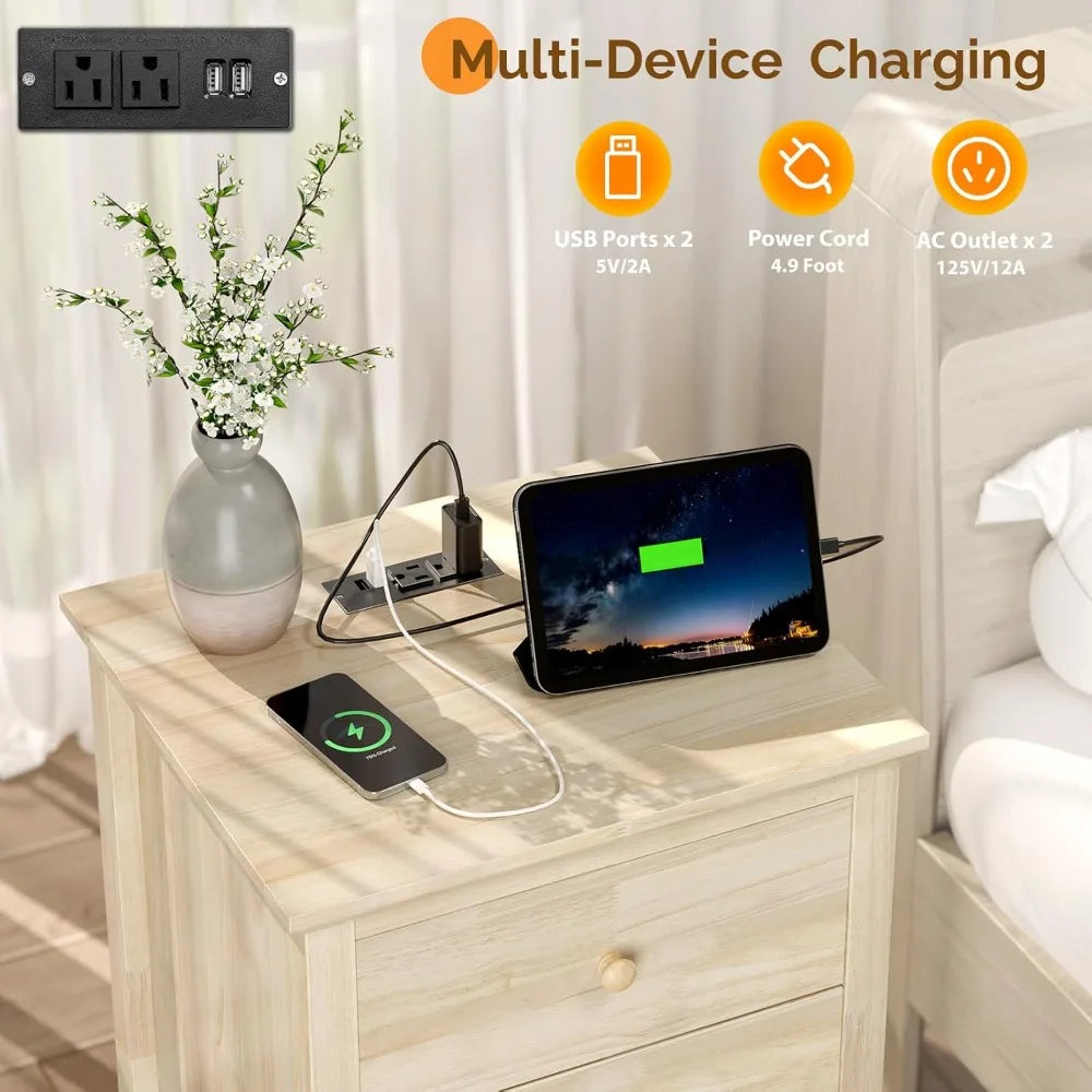 Set 2, 18.54" W Nightstand with Charging Station, 3 Drawer side stands,