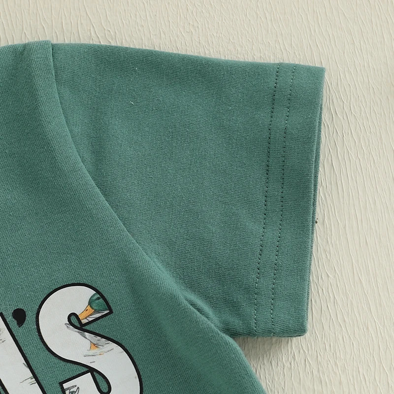 12M-4Y Boys Summer Shorts Sets, Short Sleeve, O Neck, Letter Print Tops and Duck Print Shorts Sets