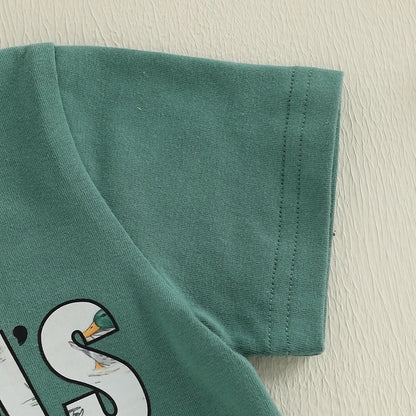 12M-4Y Boys Summer Shorts Sets, Short Sleeve, O Neck, Letter Print Tops and Duck Print Shorts Sets