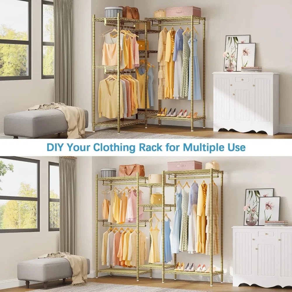 L Shaped Clothes Rack Heavy Duty Clothing Rack for Corner, 5-Tier Wire Garment Racks