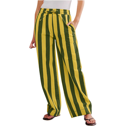 Women Casual Baggy Trousers, Striped Color Blocking, High Waist, Wide Leg, Pockets