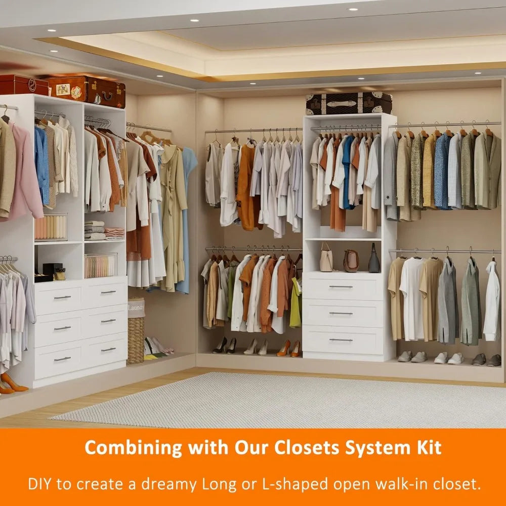 Closet System with 3 Drawers, 4-8.5 FT Wooden Closet Organizer System, 103” Closet Built in System with Shelves