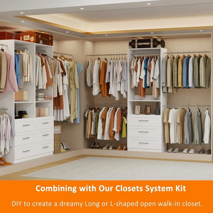 Closet System with 3 Drawers, 4-8.5 FT Wooden Closet Organizer System, 103” Closet Built in System with Shelves