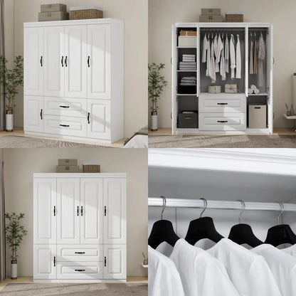4-Door White Armoire with Drawers and Hanging Rod