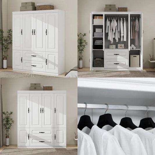 4-Door White Armoire with Drawers and Hanging Rod