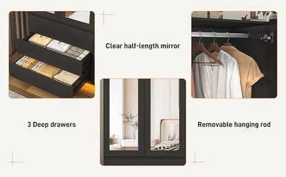3 Door Armoire Wardrobe with 3 Drawers & Mirror, Hanging Rod, LED Lights