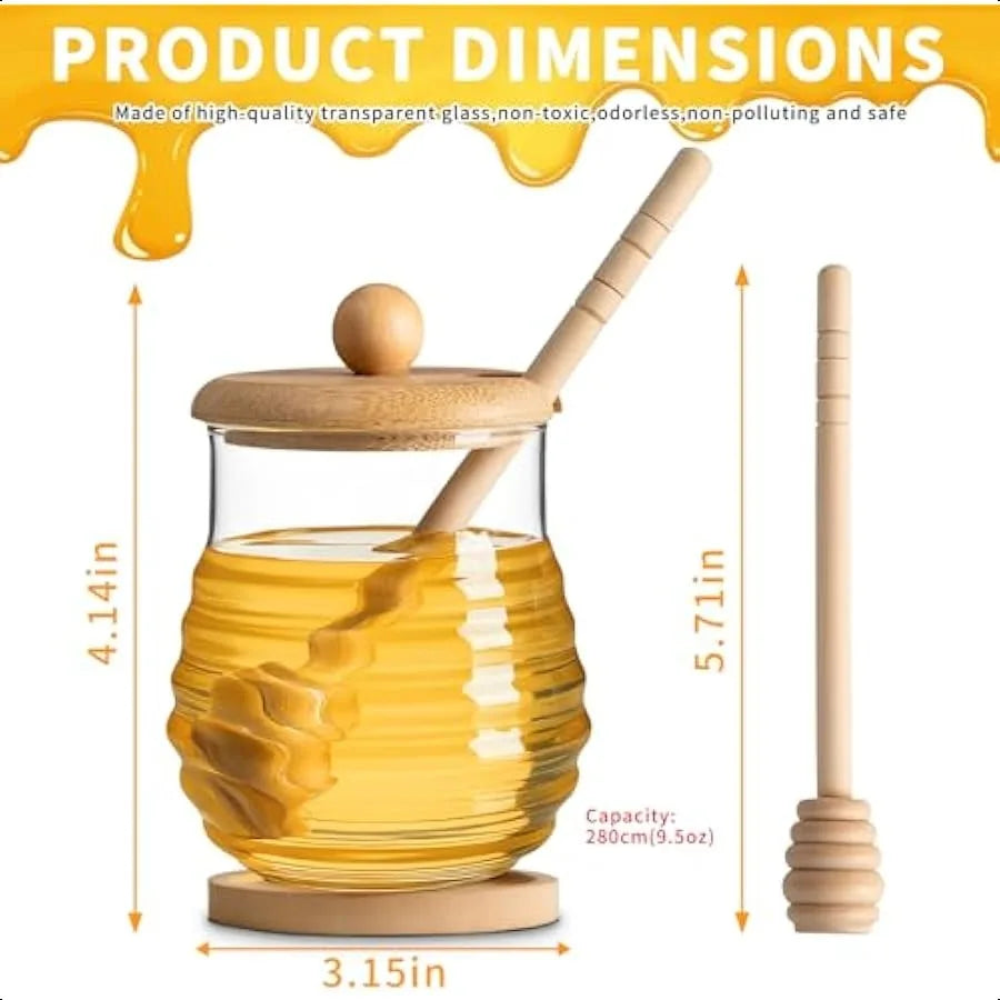 Glass Honey Jar with Wooden Lid Honey Jar with Dipper and Wooden Coaster 9.5OZ
