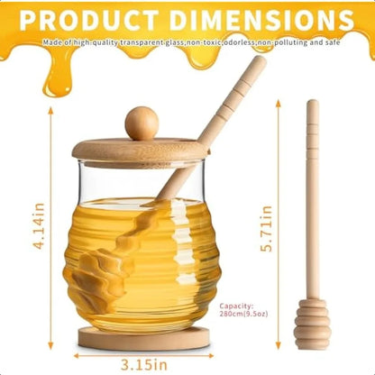 Glass Honey Jar with Wooden Lid Honey Jar with Dipper and Wooden Coaster 9.5OZ