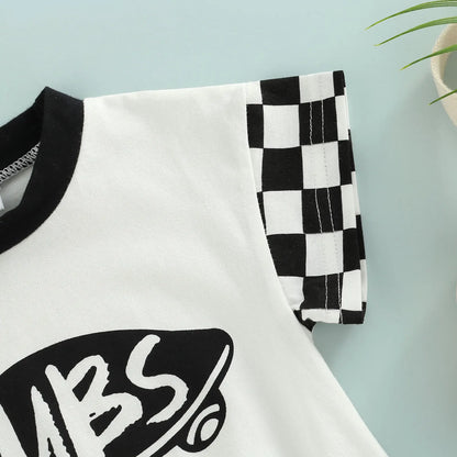 6-18M Infant Boy Romper, Plaid Short Sleeve Round Neck Cartoon Pattern Letter Print
