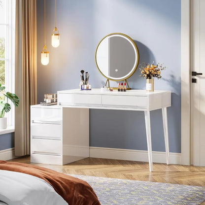 Vanity Desk with 5 Drawers, Reversible Drawer, Printer Stand, Computer Desk with Built-in Power