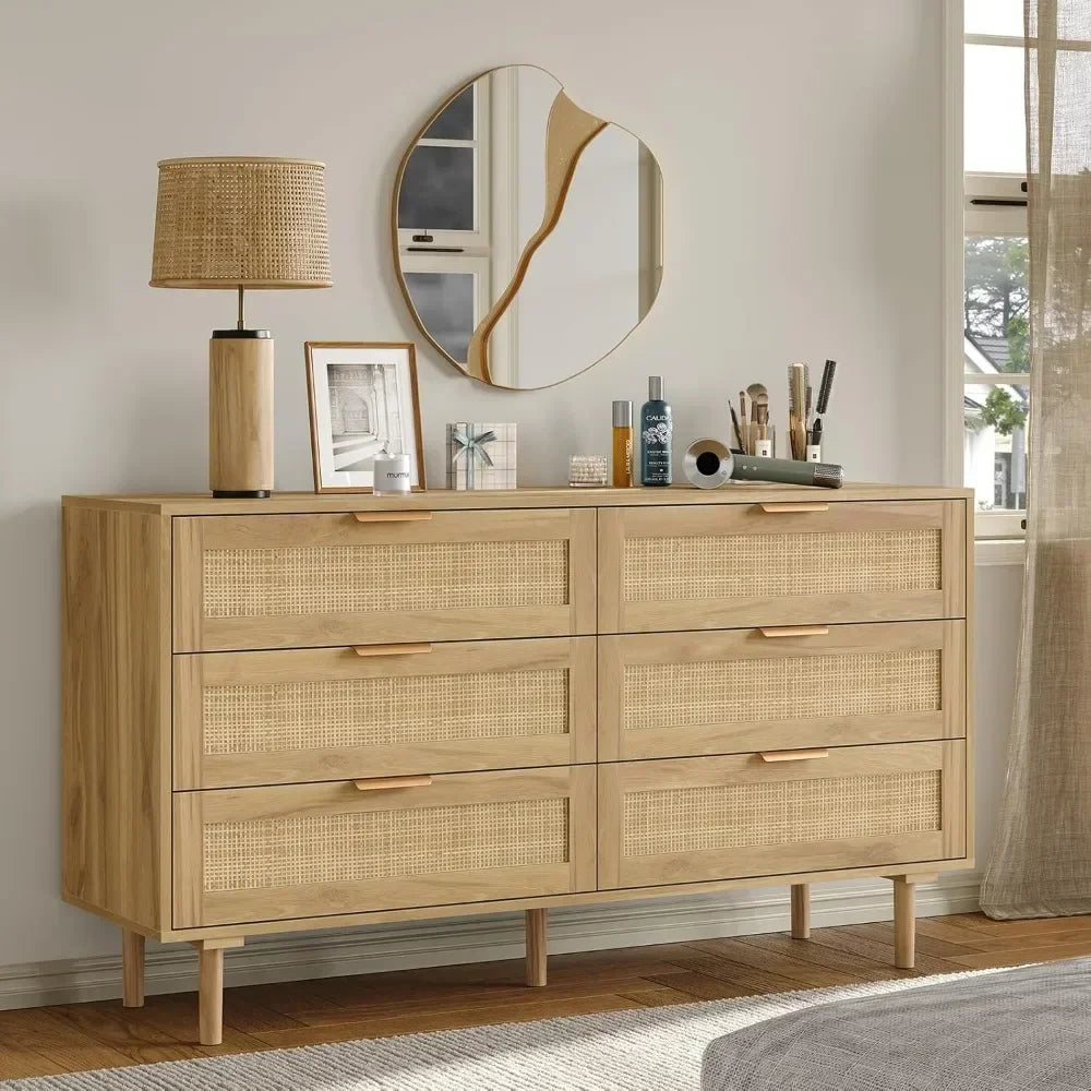 Rattan 6 Drawers Dresser with Wood Legs