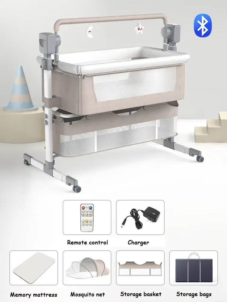 Electric Baby Crib, Bluetooth Luxury Portable, Easy to Clean Travel Bed with Mattress
