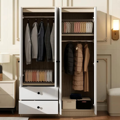 4-Door White Wooden Armoire Wardrobe Closet with 2 Drawers and 2 Hanging Rods