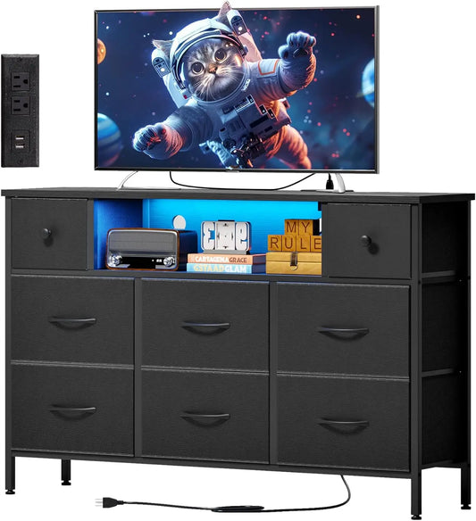 Black 55" TV Stand with 8 Drawers, Fabric Chest of Drawers, Power Outlets and LED Lights