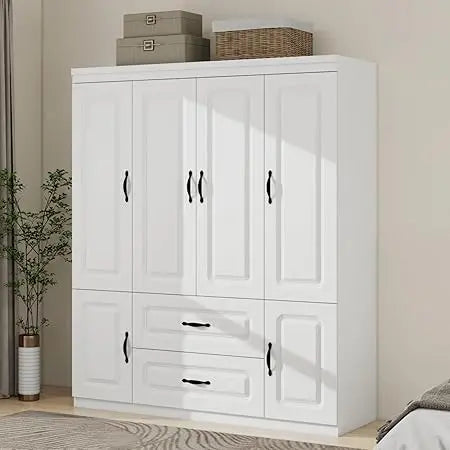 4-Door White Armoire with Drawers and Hanging Rod
